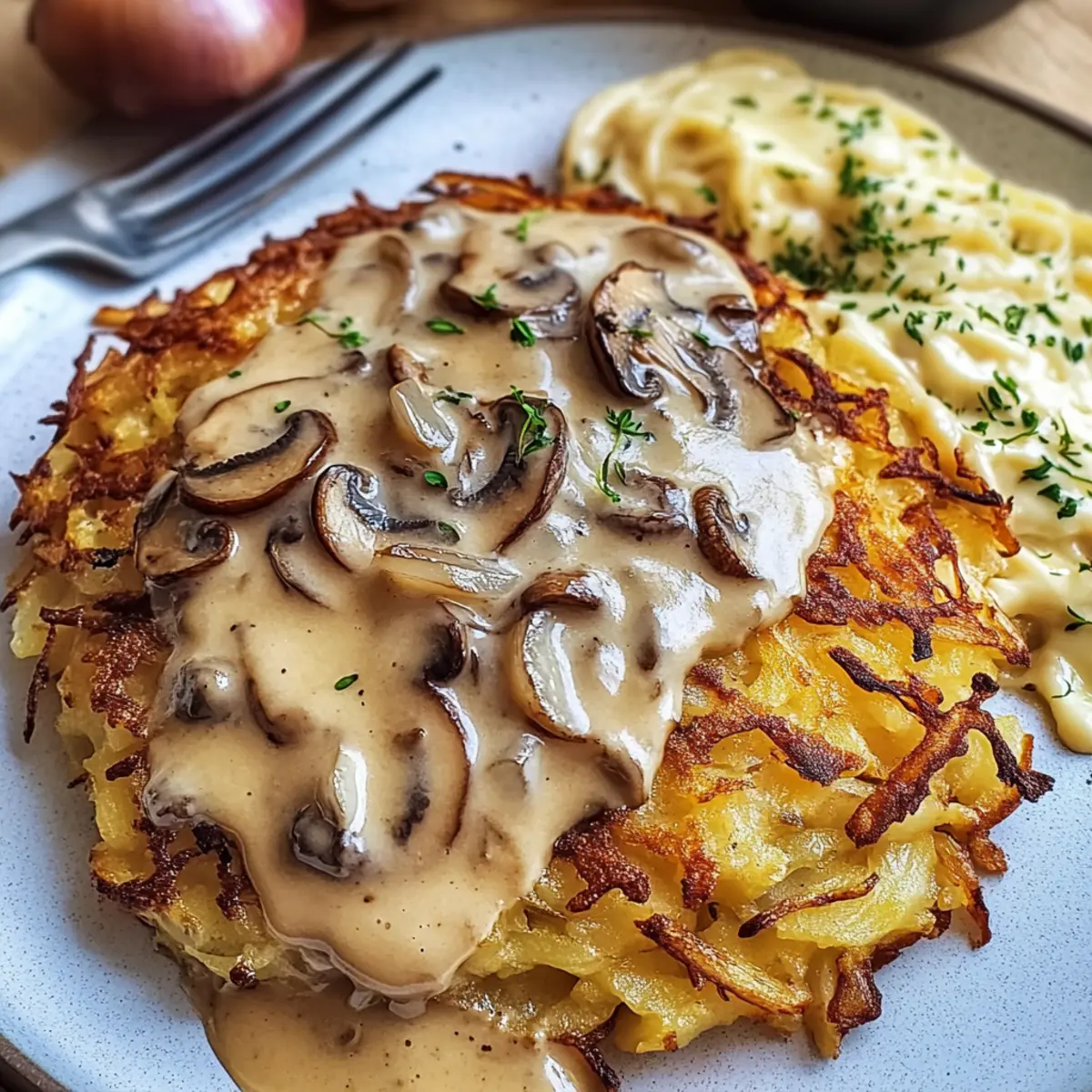Mozzarella Rösti mit Zwiebel-Pilzrahmsoße genießen
